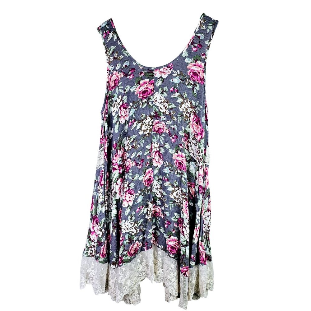 Umgee USA Crepe Sheer Lace Dainty Asymmetrical Southern Boho Tank Top, Sz L - Picture 2 of 10